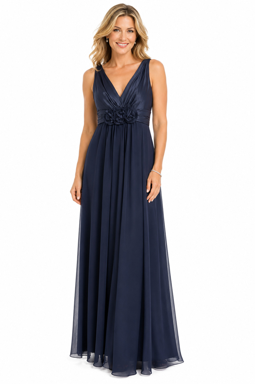 Bill Levkoff Womens Navy Satin & Chiffon Formal Sleeveless Dress Long Length 8